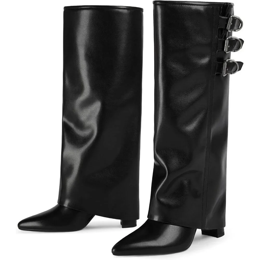 Women Black-buckle Faux Leather Fold Over Knee High Chunky High Heels Boot